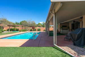 View of pool with a patio area, a fenced backyard, and area for grilling