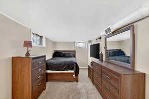 Primary Bedroom with multiple windows, light carpet, and a textured ceiling