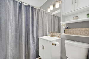 Bathroom with curtained shower and vanity