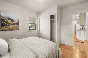 Bedroom with light wood finished floors and a closet