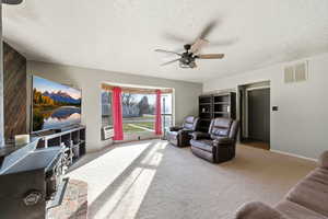 Living area with carpet flooring, ceiling fan, a wood stove, and a textured ceiling