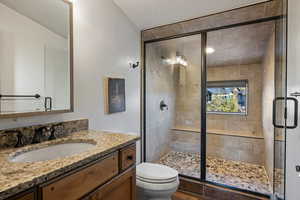 Full bath featuring vanity and a stall shower