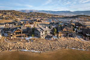 Aerial view of residential area with a mountain backdrop