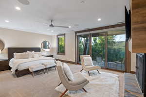 Bedroom with access to exterior, carpet, a ceiling fan, and recessed lighting
