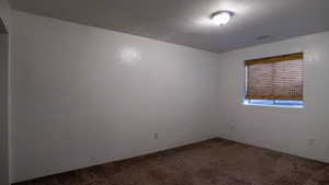 Unfurnished room featuring a textured wall, a textured ceiling, and carpet
