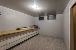 Bedroom with light colored carpet