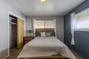 Bedroom with a closet, multiple windows, and dark wood-style flooring