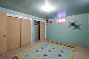 Recreation room with carpet flooring