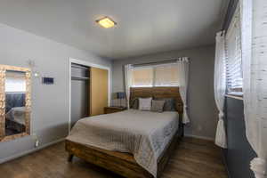 Bedroom featuring a closet, dark wood finished floors, and multiple windows