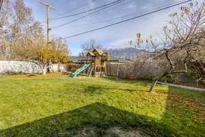 Fenced backyard featuring a playground