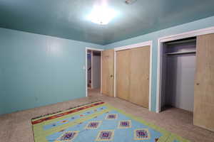 Unfurnished bedroom with carpet floors and two closets