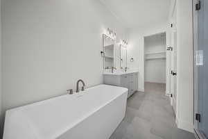 Bathroom with a freestanding tub, a spacious closet, vanity, and a shower stall