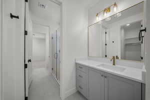 Bathroom featuring vanity, a shower stall, and a spacious closet