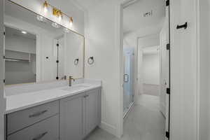 Full bathroom with a stall shower, vanity, and a walk in closet