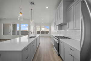 Kitchen with gray cabinets, appliances with stainless steel finishes, light wood-type flooring, hanging light fixtures, and a kitchen island with sink