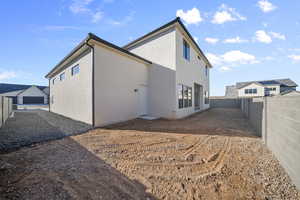 Rear view of house featuring a fenced backyard and stucco siding