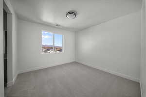 Unfurnished bedroom featuring light colored carpet and a textured ceiling