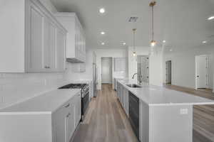 Kitchen with white cabinetry, appliances with stainless steel finishes, light wood finished floors, tasteful backsplash, and decorative light fixtures