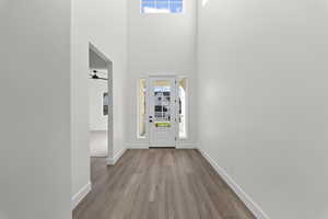 Entryway with wood finished floors, a towering ceiling, and a ceiling fan