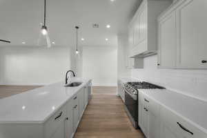 Kitchen featuring appliances with stainless steel finishes, a kitchen island with sink, light wood-type flooring, white cabinetry, and recessed lighting