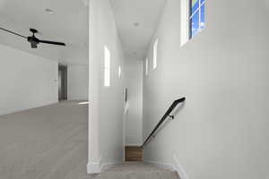 Staircase with carpet and ceiling fan