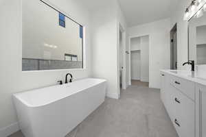 Full bathroom with a freestanding tub, a spacious closet, and vanity