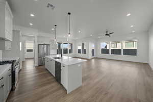 Kitchen with pendant lighting, appliances with stainless steel finishes, white cabinetry, a kitchen island with sink, and recessed lighting