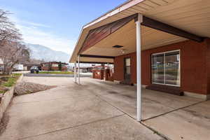 View of patio / terrace with a mountain view