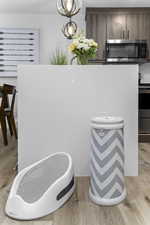 Detailed view of stainless steel appliances, decorative light fixtures, and light wood finished floors