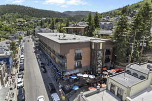 Drone / aerial view of a forest and a mountain backdrop