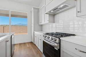 Kitchen with appliances with stainless steel finishes, custom exhaust hood, light stone countertops, light wood-type flooring, and white cabinetry