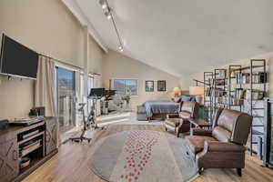 Living room with track lighting, light wood-type flooring, high vaulted ceiling, and a textured ceiling