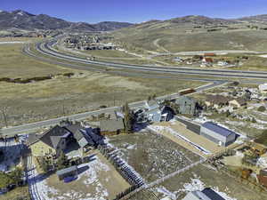Aerial view of residential area with mountains