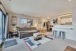 Living room with light colored carpet