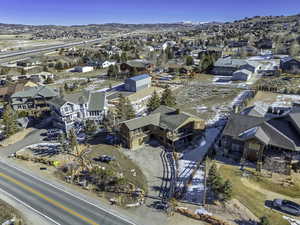Aerial perspective of suburban area with mountains