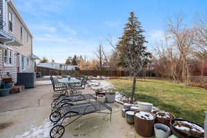 Fenced backyard featuring a patio and outdoor dining space