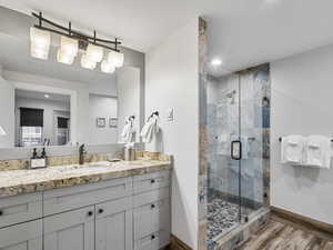 Bathroom featuring a stall shower, vanity, dark wood finished floors, and recessed lighting