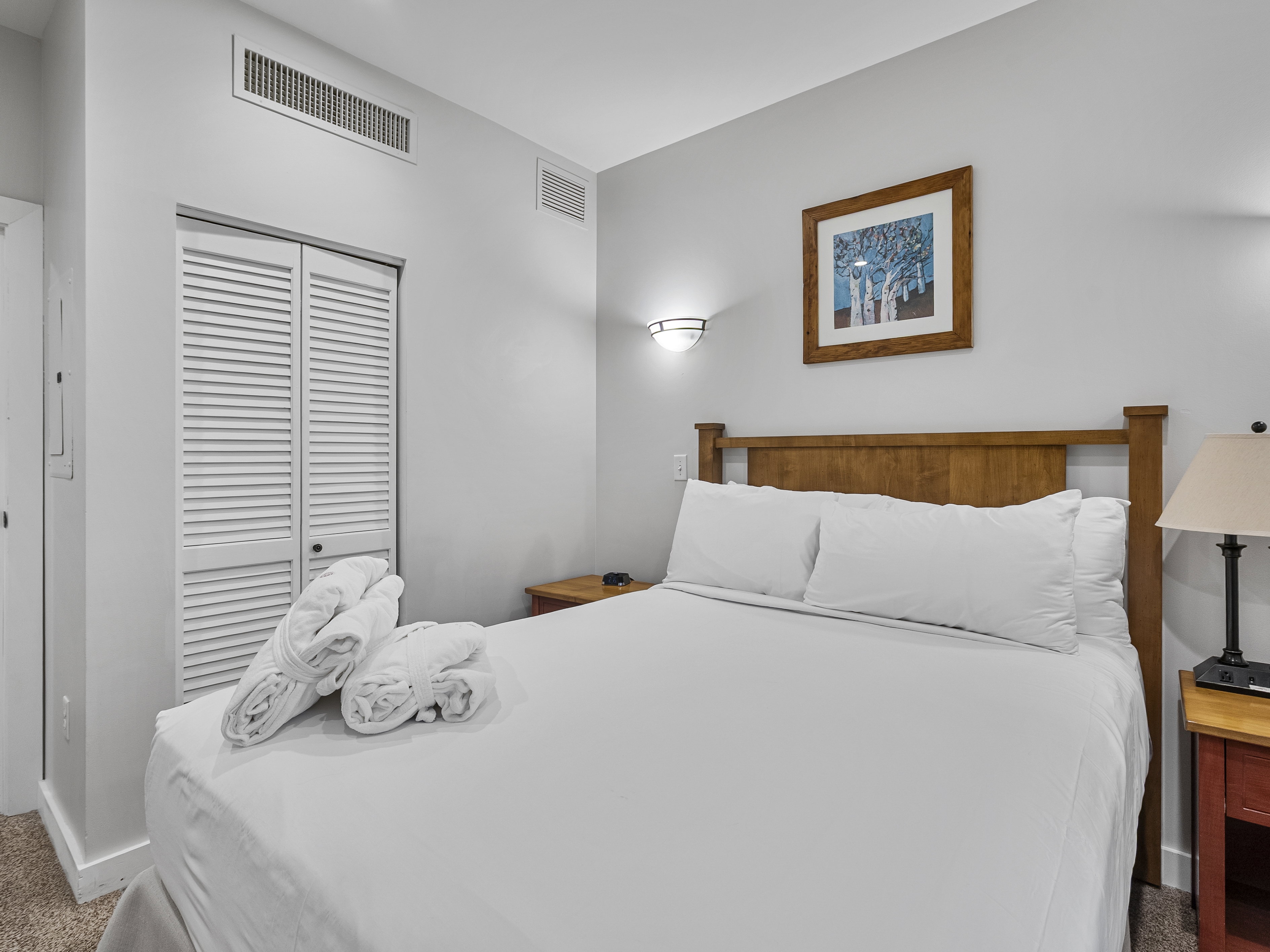 Carpeted bedroom with a closet and baseboards