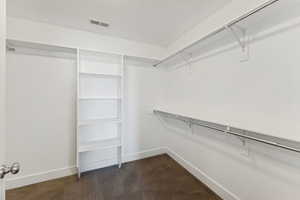 Spacious closet with dark carpet