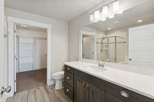 Bathroom featuring a stall shower, vanity, a walk in closet, and light wood-style flooring