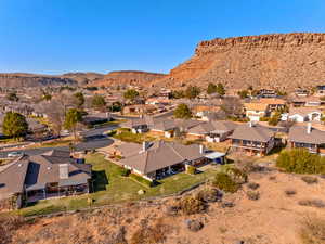 Aerial perspective of suburban area featuring mountains
