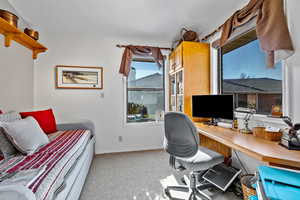 Office space featuring light colored carpet and a textured ceiling