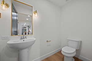 Bathroom with wood finished floors and recessed lighting