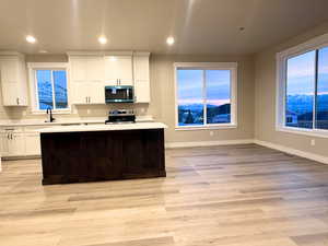 Kitchen featuring white cabinetry, stainless steel appliances, a kitchen island, light wood-style floors, and recessed lighting