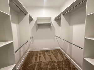 Spacious closet featuring dark carpet