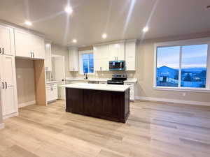 Kitchen featuring a center island, appliances with stainless steel finishes, white cabinetry, recessed lighting, and dark brown cabinets