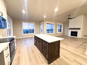Kitchen with open floor plan, dark brown cabinetry, black range with electric cooktop, light wood-style floors, and a fireplace