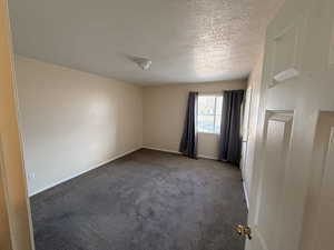 Empty room with carpet floors and a textured ceiling