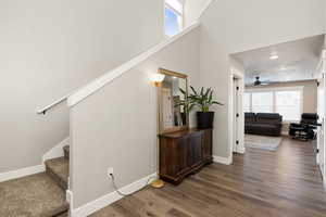 Staircase featuring ceiling fan, wood finished floors, and a high ceiling