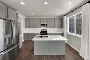 Kitchen featuring appliances with stainless steel finishes, gray cabinets, a center island with sink, dark wood-style floors, and recessed lighting